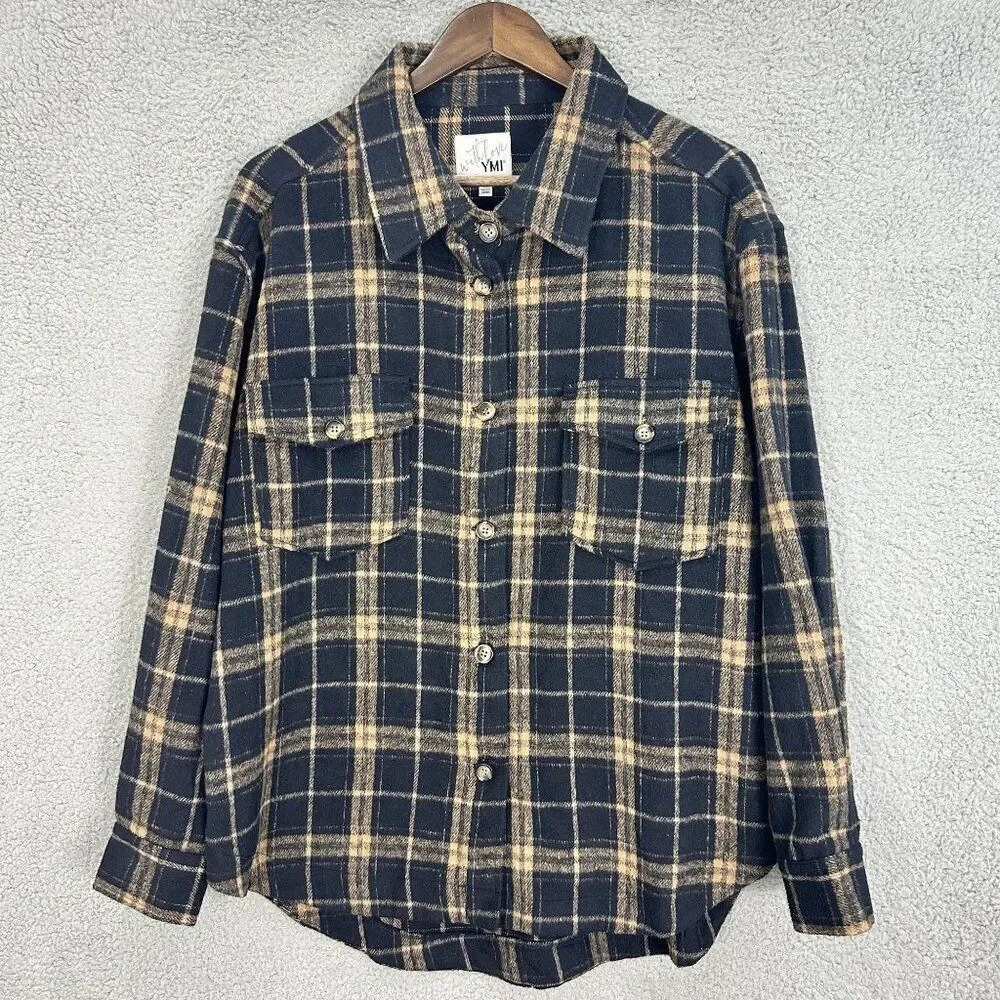 YMI with love top womens XL black plaid button up fleece shacket chores outdoors